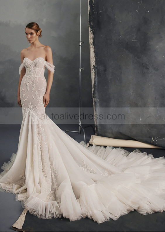 Off Shoulder Shiny Lace Tulle Wedding Dress With Frilled Train